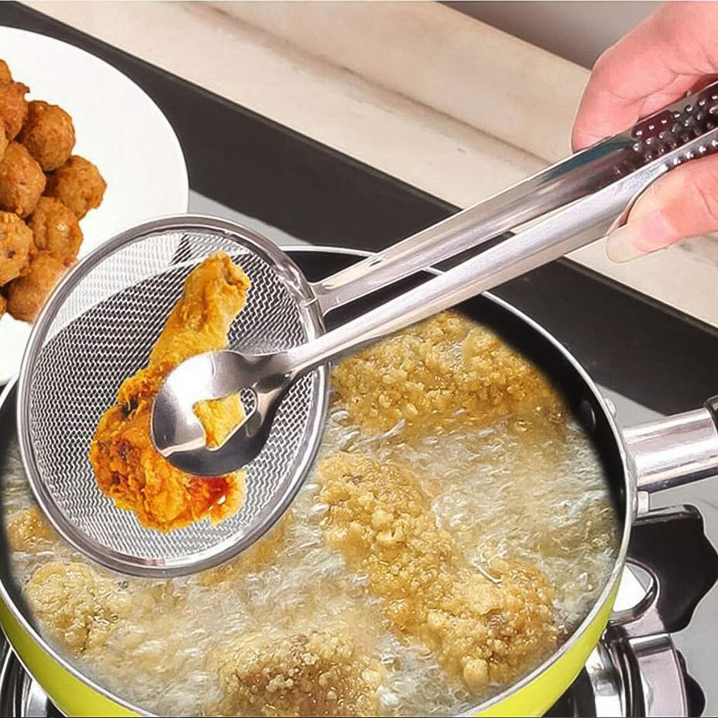 2-in-1 Stainless Steel Filter Spoon with Clip for Frying & Grilling