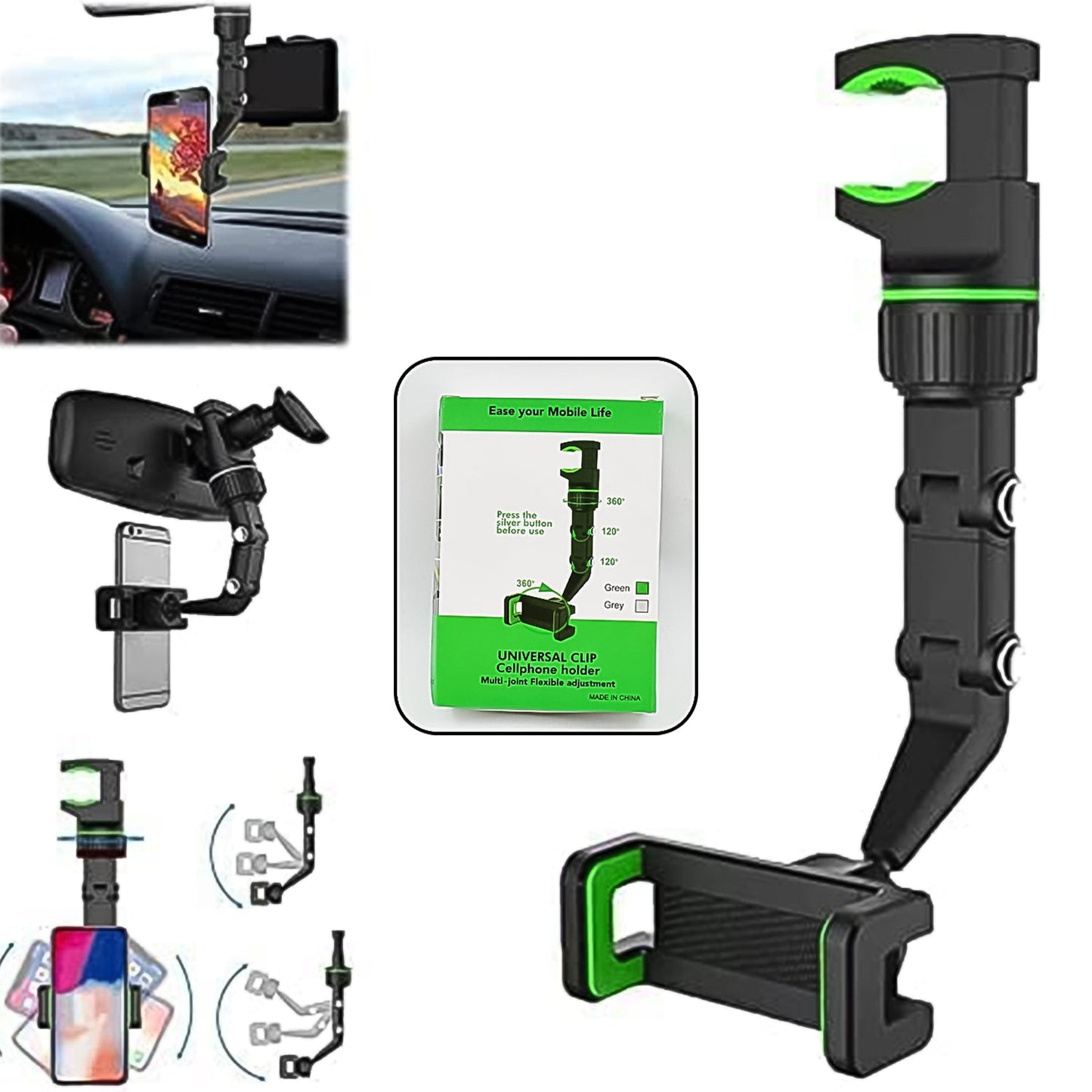 Multifunctional Car Rearview 360° Rotating Mobile Holder Clip