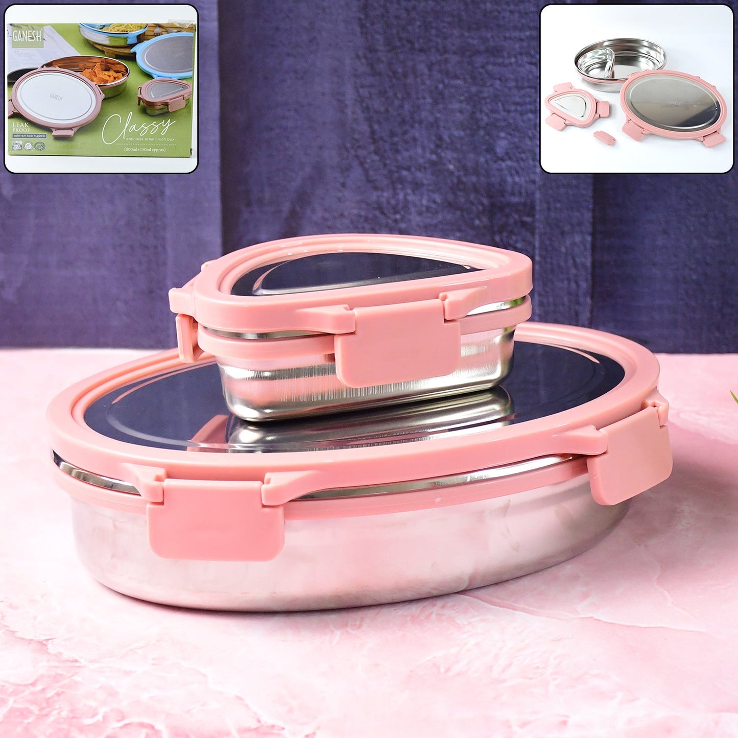 Ganesh Classy 2pc Stainless Steel Lunch Box Set – Oval & Triangle Tiffin