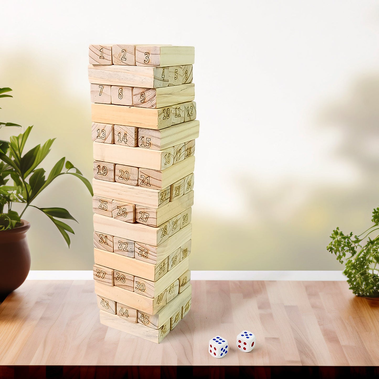 Wooden Tumbling Stacking Tower Game – Tumble Tower Blocks with 48 Wooden Pieces & 2 Dice for Family & Kids
