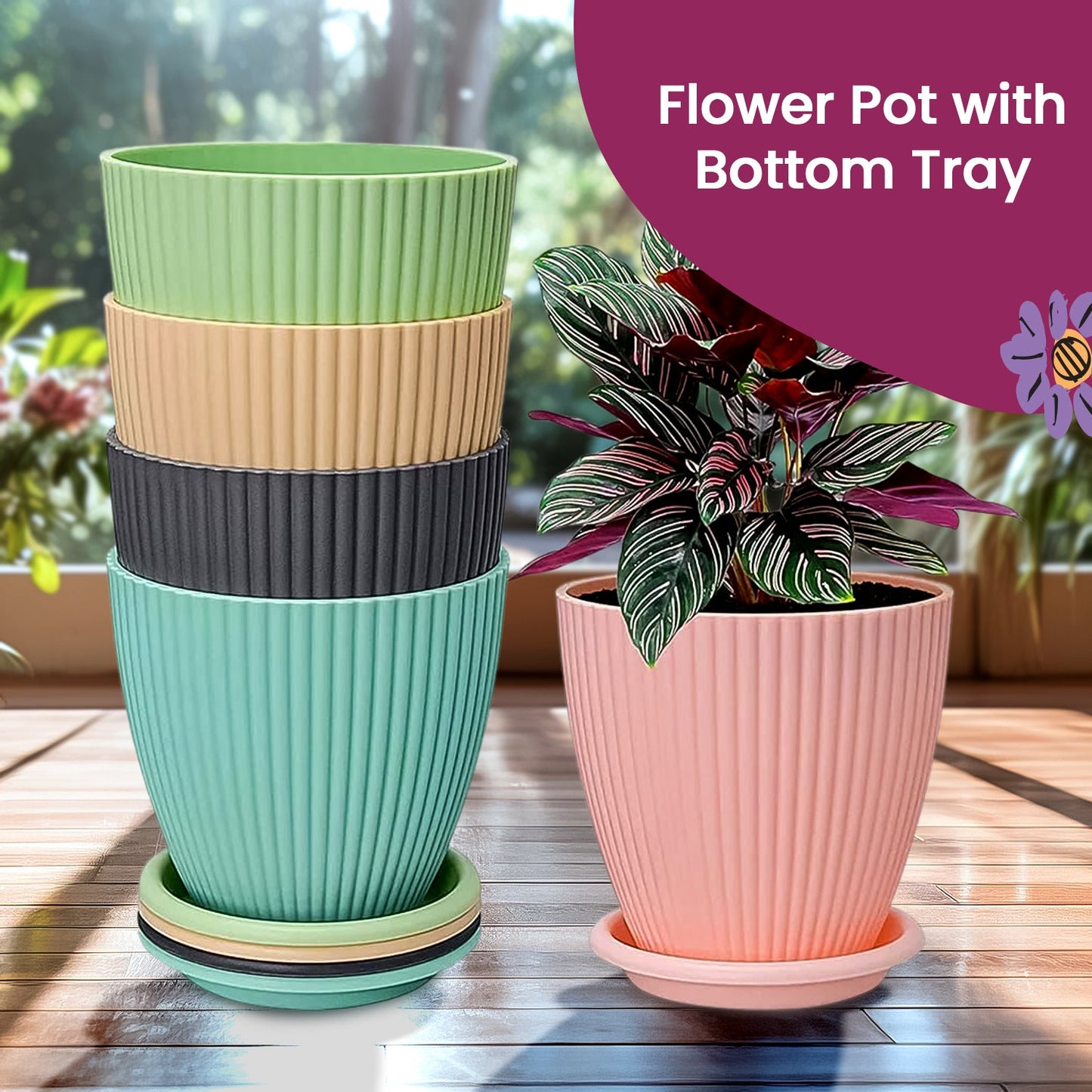 Plastic Flower Pots with Trays – Set of 5 Indoor & Outdoor Planters