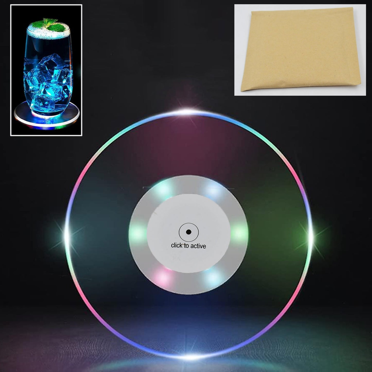Colorful LED Cocktail Coaster – Ultra-Thin Round Light-Up Drink Coaster, Waterproof & Non-Slip Luminous Base for Party, Bar, Wedding (1 Pc)