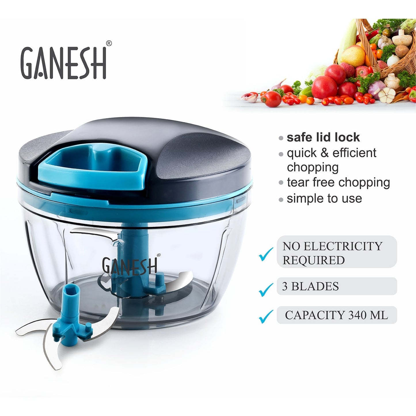 GANESH Wonder Chopper, Grey – 470ml, BPA Free, No Electricity Needed