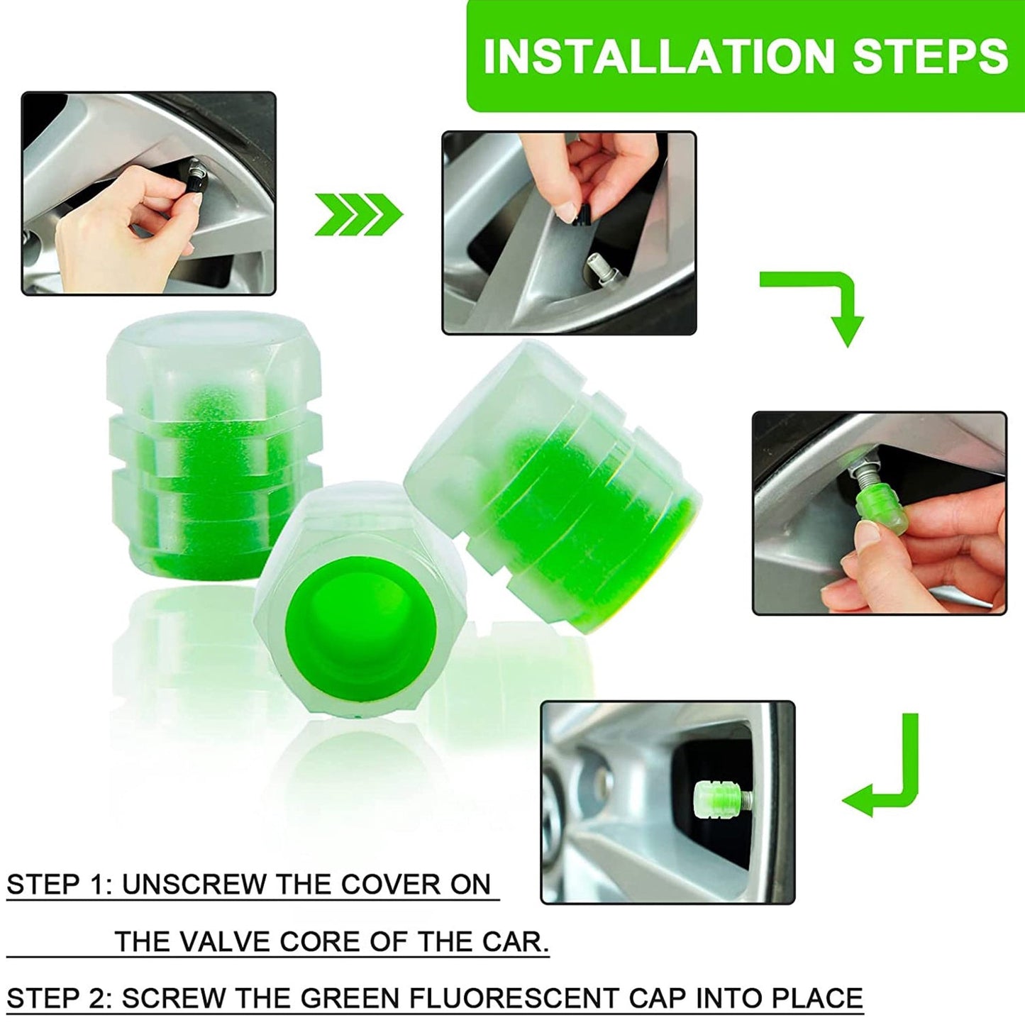Luminous Glow Tyre Valve Caps for Cars & Bikes - 4 Pcs, Mixed Color