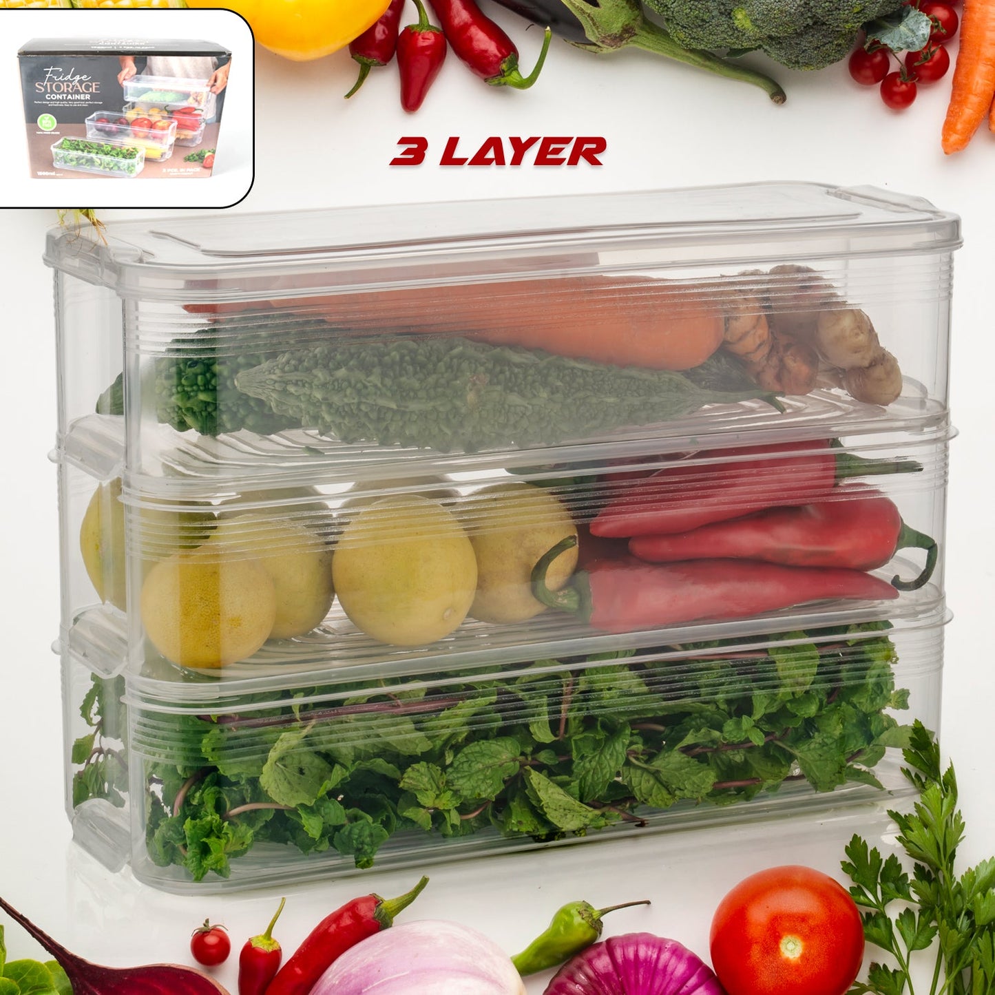 Stackable Fridge Storage Containers with Lid – Set of 3 (1500ml Each)