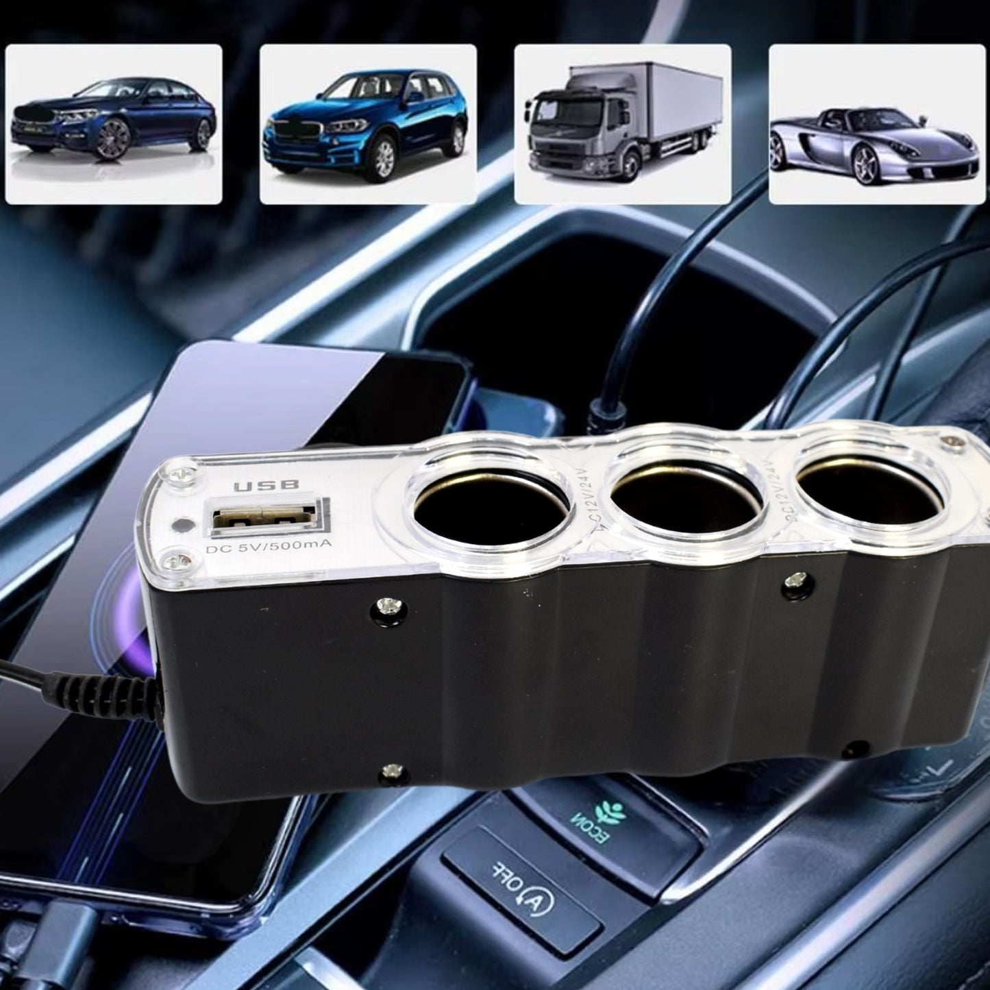 Triple 3-Way Car Socket Splitter + USB Charger Power Adapter
