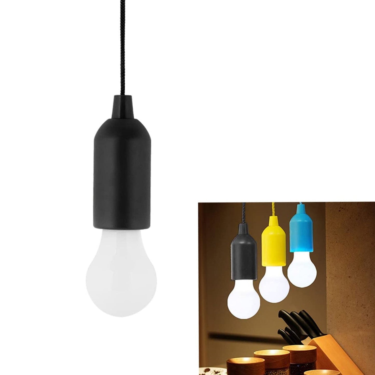 LED Pull Cord Light – Hanging Battery-Operated Bulb (Black, 1 Pc)