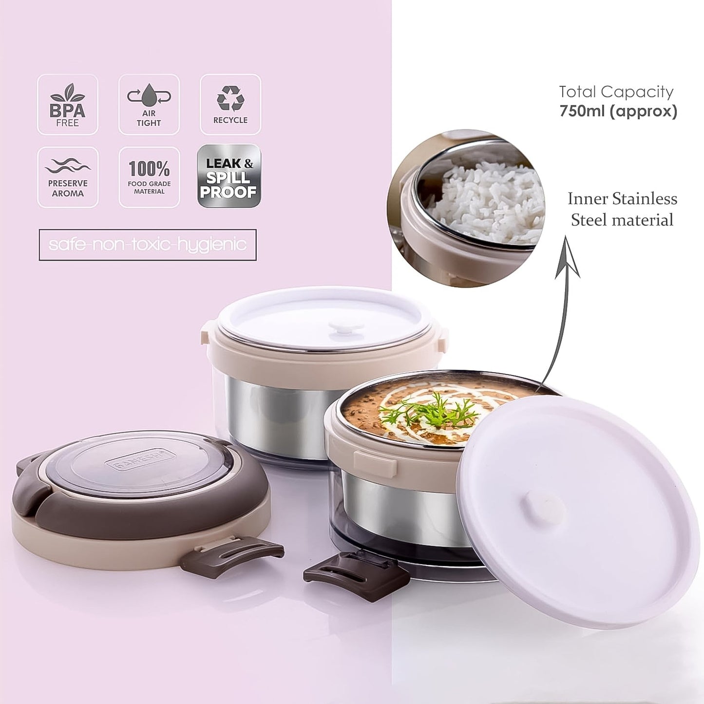 Ganesh Steko-2 Double Layer Stainless Steel Insulated Lunch Box – 750ml