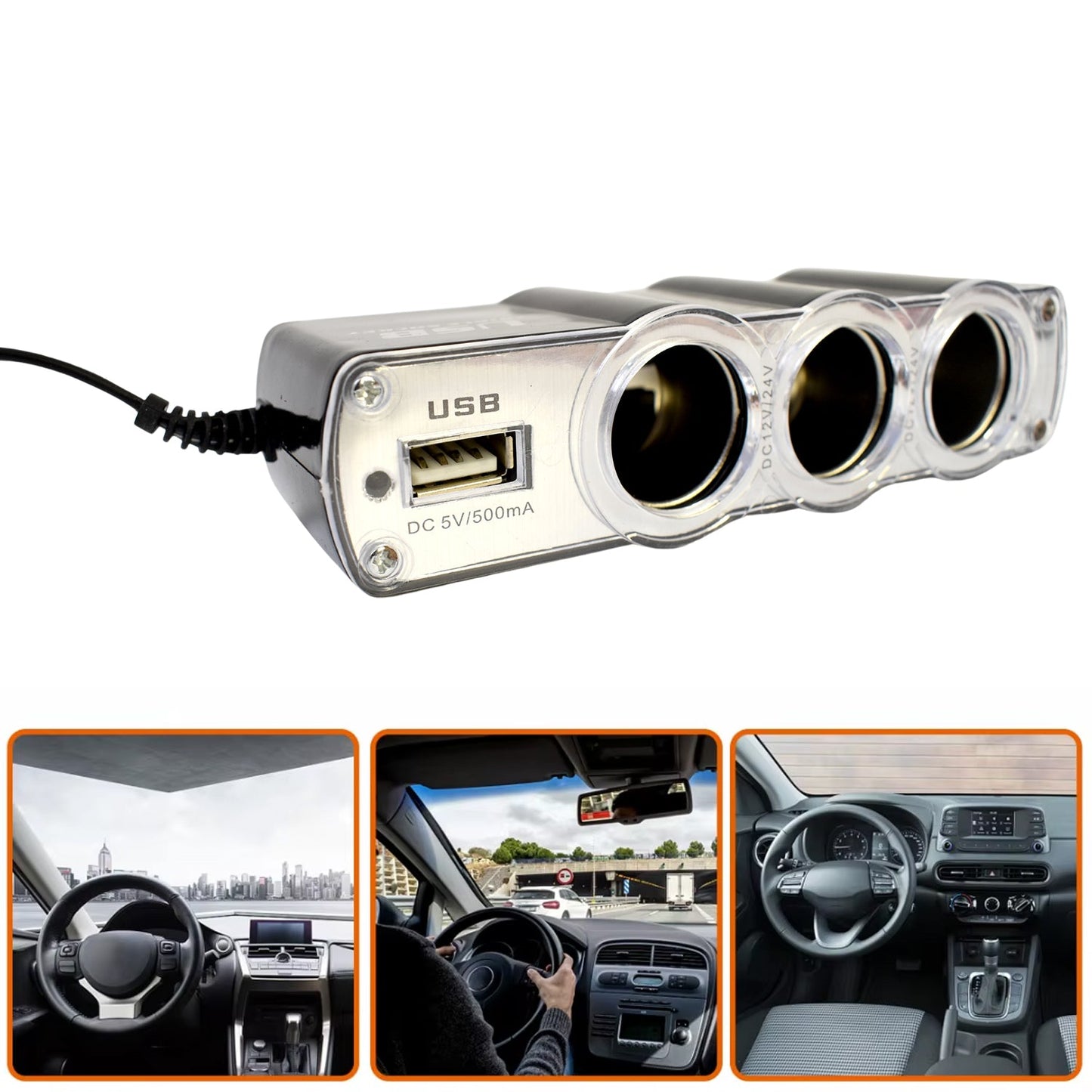 Triple 3-Way Car Socket Splitter + USB Charger Power Adapter