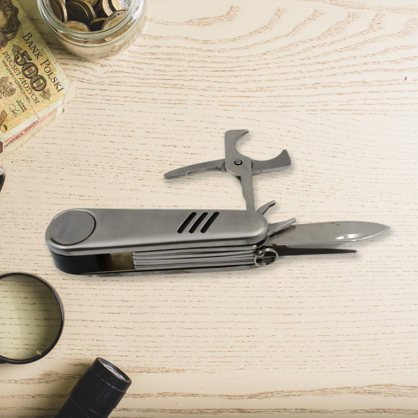 Multi-Function Stainless Steel Pocket Tool Knife – 4-in-1 with Knife, Scissors, Bottle Opener & Key Ring
