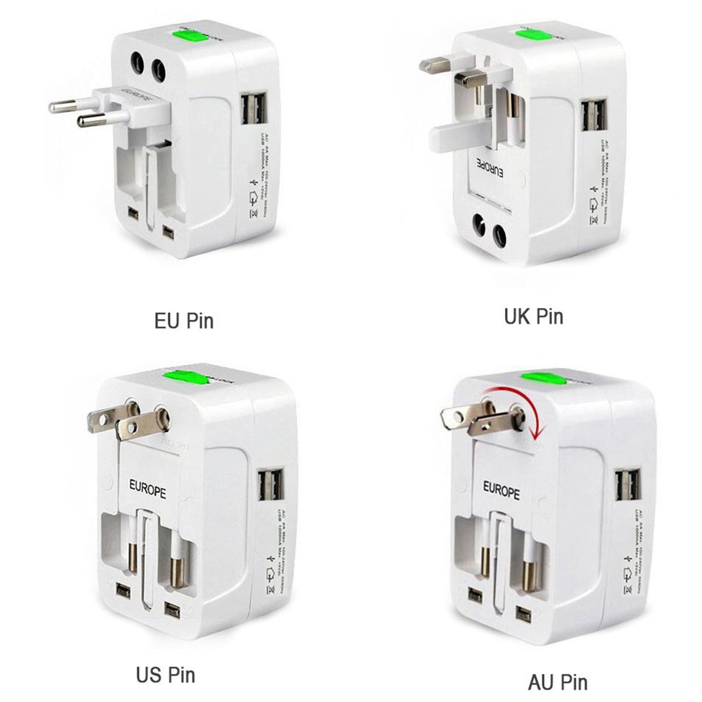 All-in-One Universal Travel Adapter Plug – AU/UK/US/EU with USB Output (1 Pc)