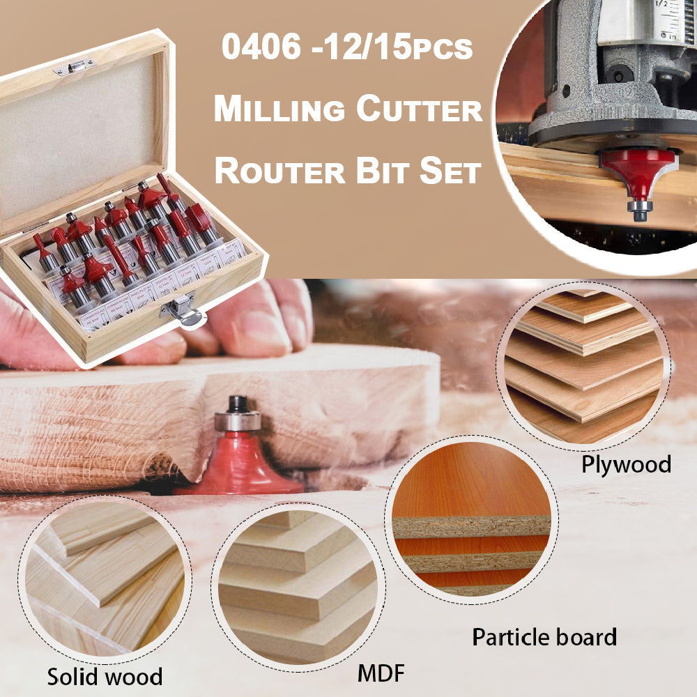 12 Pcs Milling Cutter Router Bit Set – 1/4" Shank, Tungsten Carbide Tipped with Wooden Storage Box