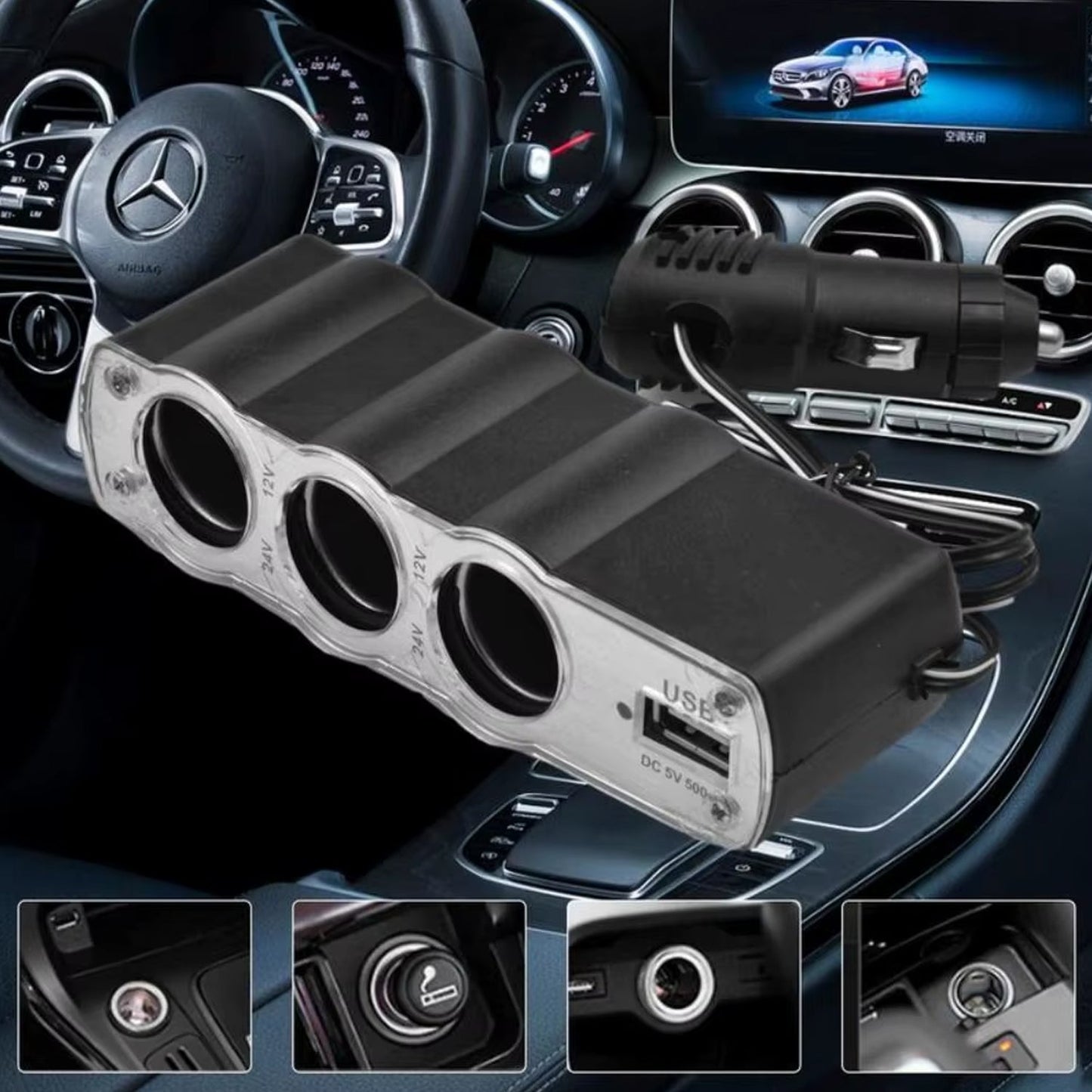 Triple 3-Way Car Socket Splitter + USB Charger Power Adapter
