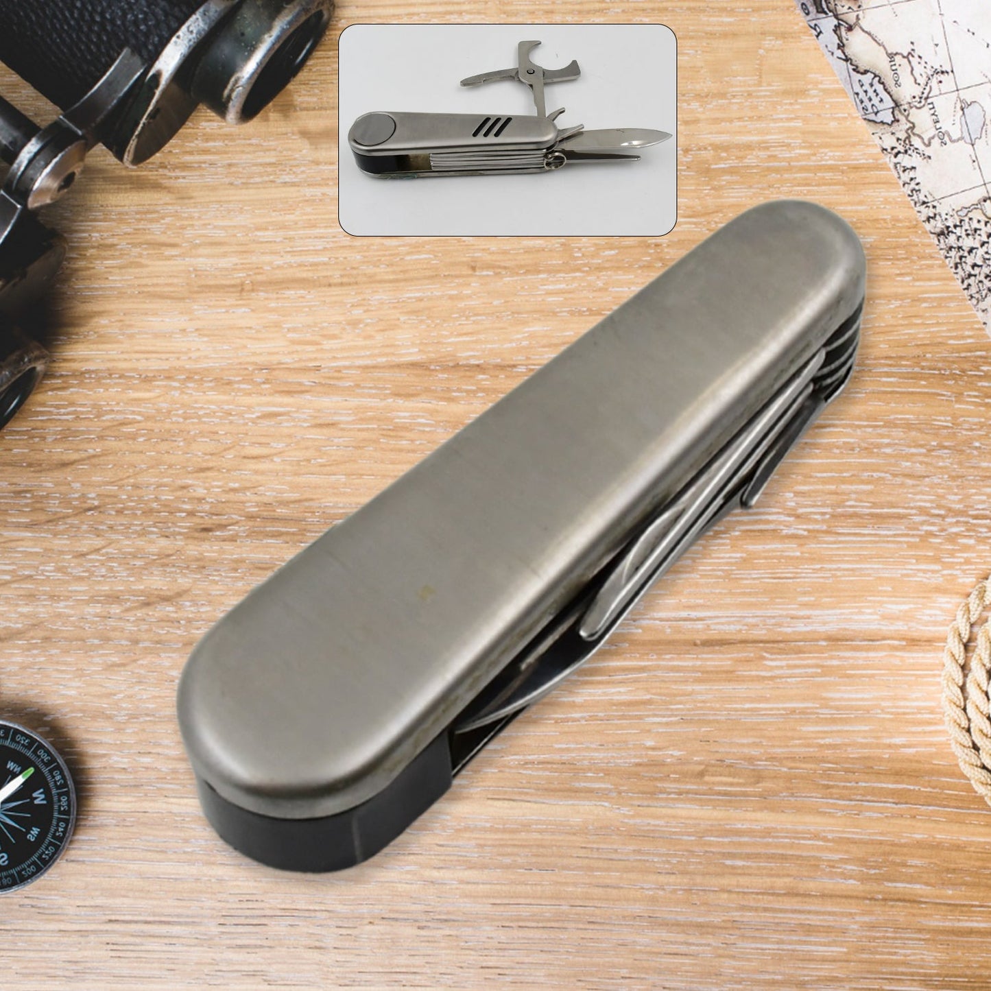 Multi-Function Stainless Steel Pocket Tool Knife – 4-in-1 with Knife, Scissors, Bottle Opener & Key Ring