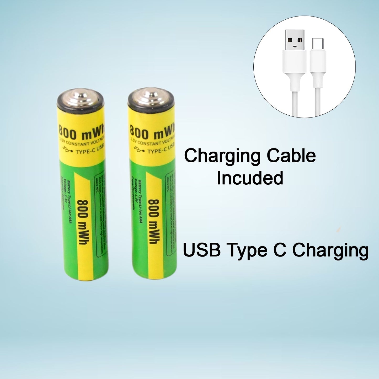 AAA Rechargeable Batteries 800 mWh – 1.5V High-Capacity NiMH with USB Charging Cable (2 Pc Set)