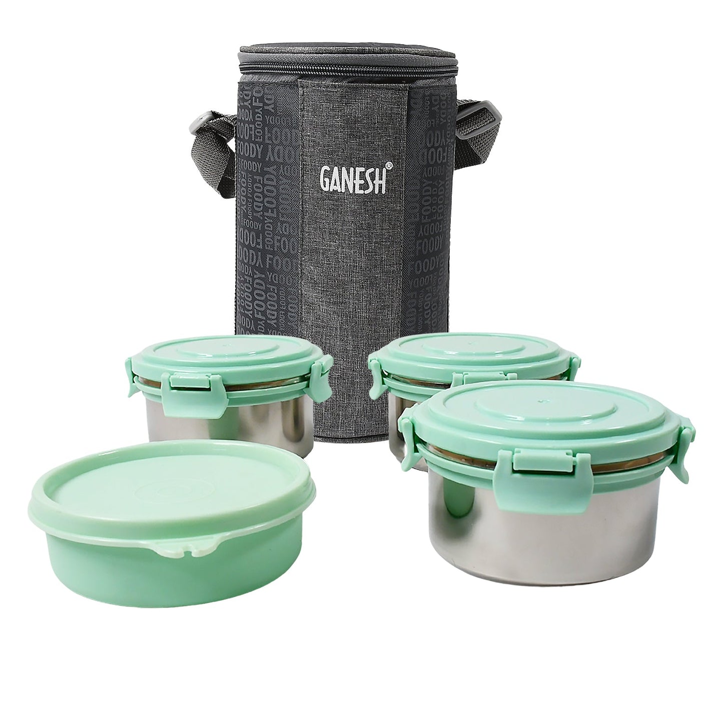 Ganesh 4in1 Lunch Box Set with 3 Steel Containers & Salad Box + Zip Bag