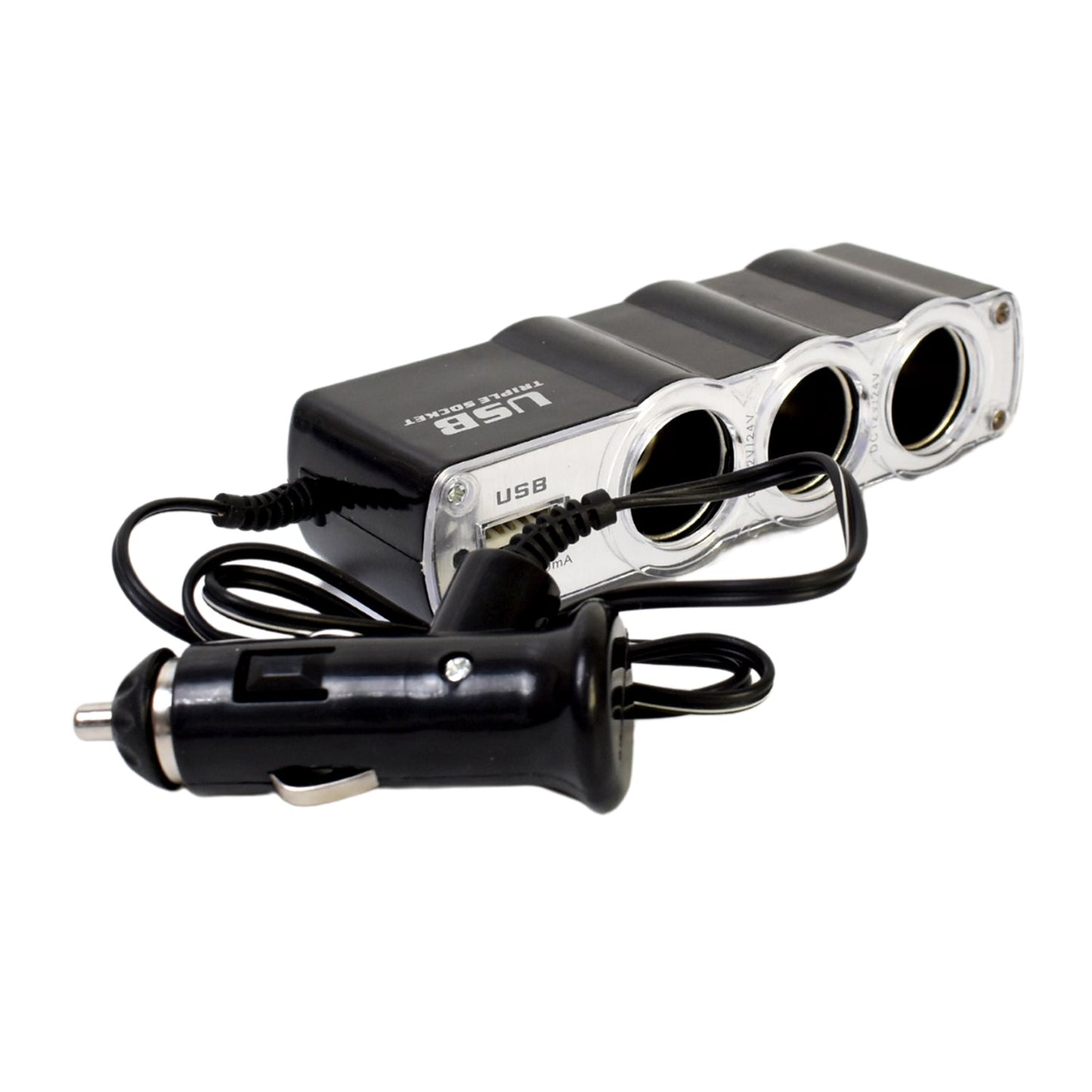 Triple 3-Way Car Socket Splitter + USB Charger Power Adapter