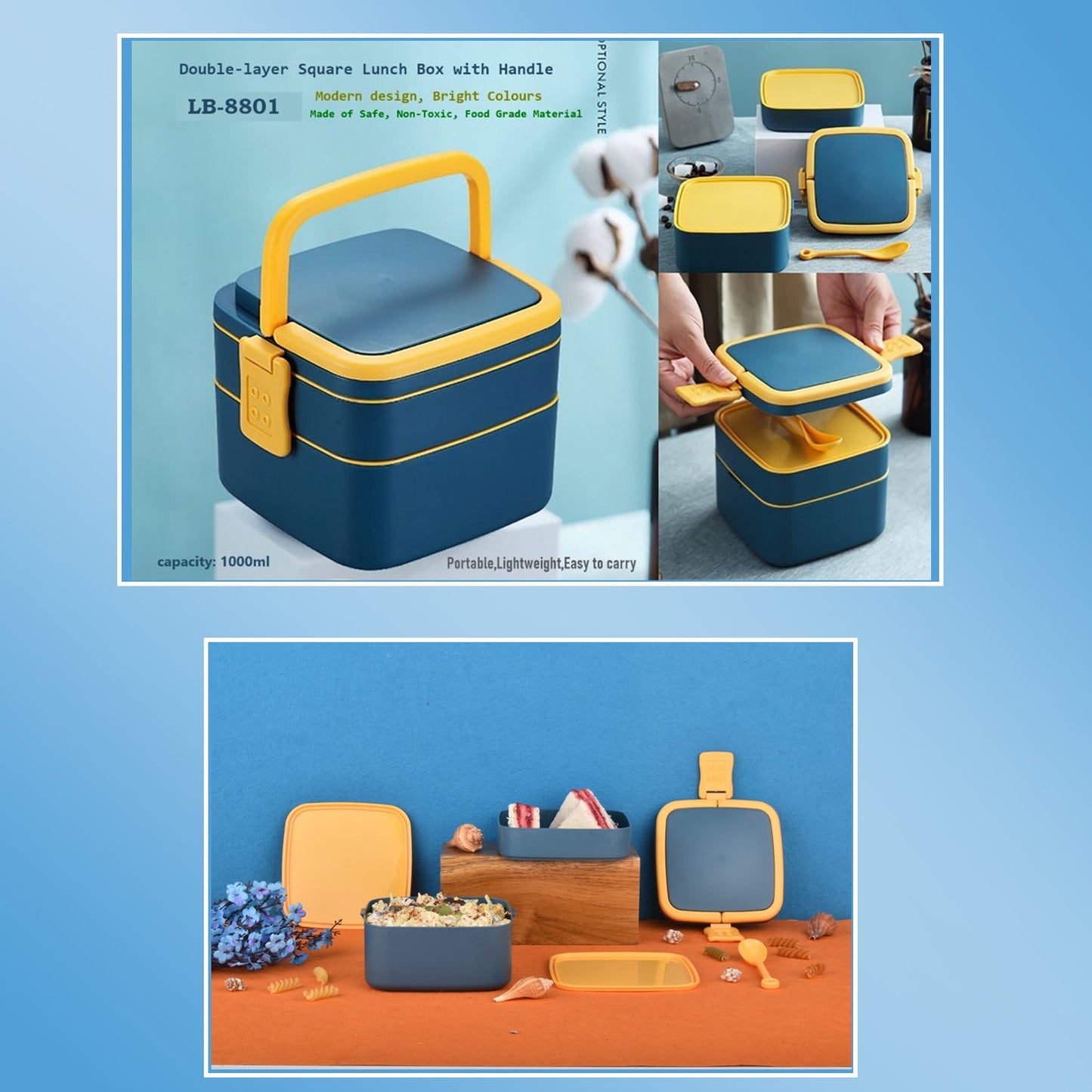 Double-Layer Portable Lunch Box with Handle & Spoon