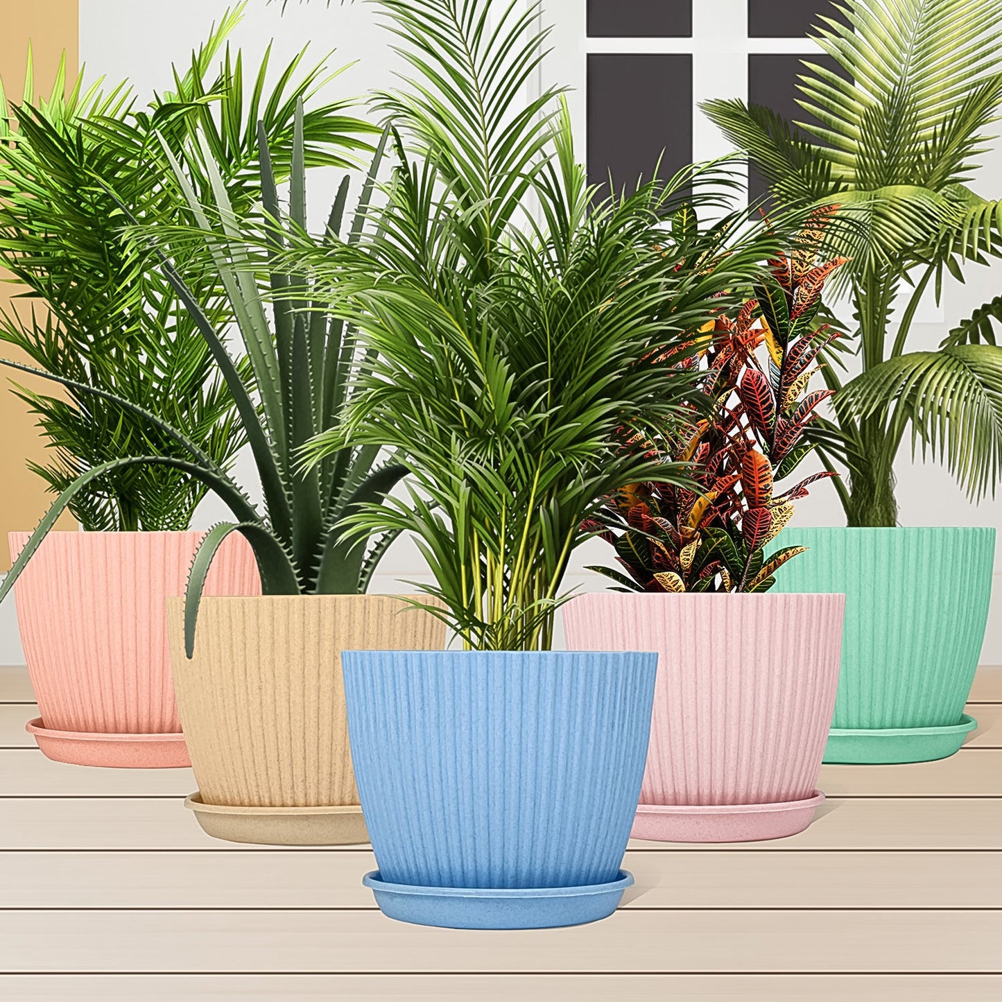 Plastic Flower Pots with Trays – Set of 5 Indoor & Outdoor Planters