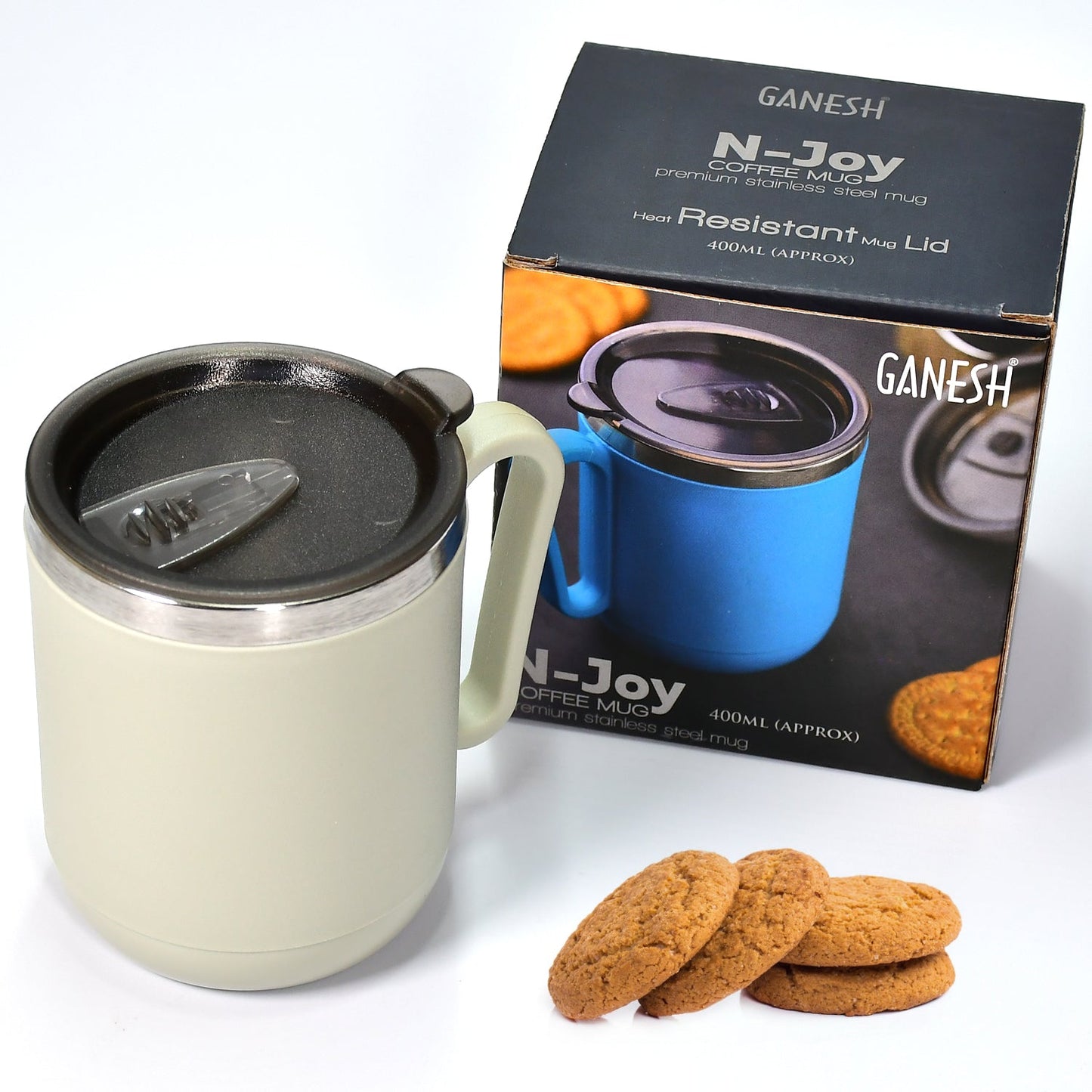 Ganesh Premium Stainless Steel Coffee Mug, 400ml – Heat-Resistant Lid