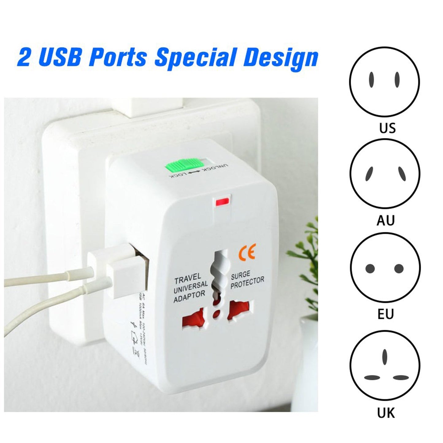 All-in-One Universal Travel Adapter Plug – AU/UK/US/EU with USB Output (1 Pc)