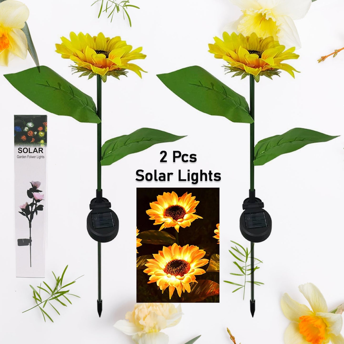 Solar Sunflower Garden Lights with Flash Mode & Waterproof Design - Set of 2