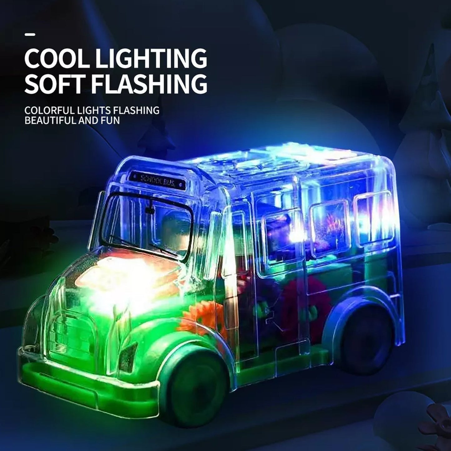 Transparent Musical Mini School Bus Toy with Lights & Gears
