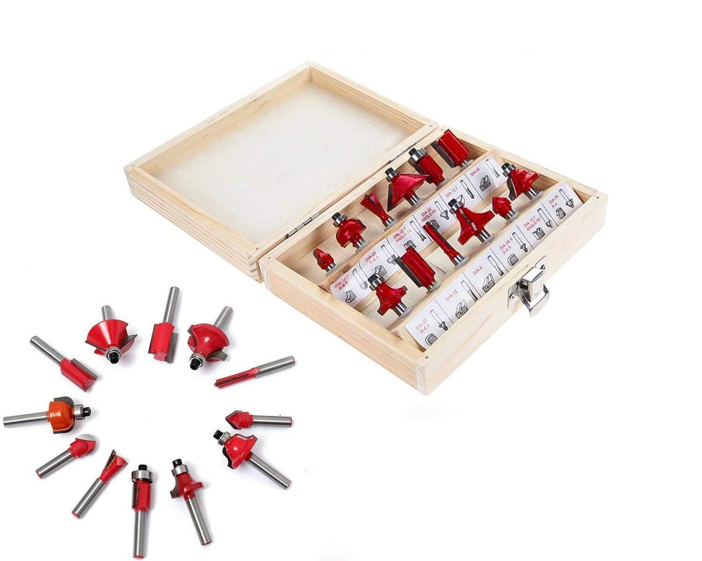 12 Pcs Milling Cutter Router Bit Set – 1/4" Shank, Tungsten Carbide Tipped with Wooden Storage Box