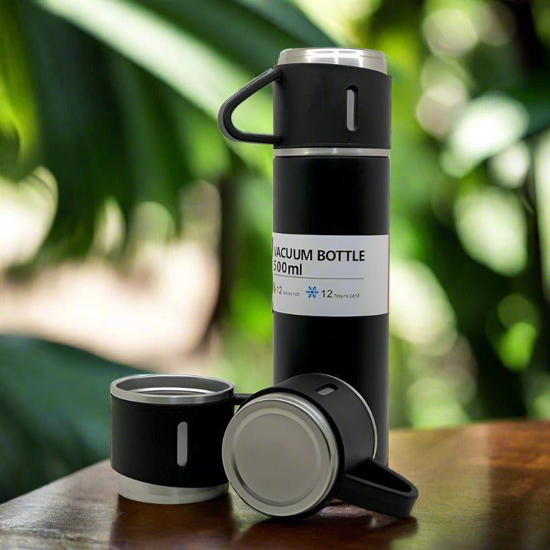 Stainless Steel Vacuum Flask Set with 3 Steel Cups – Travel-Friendly Hot & Cold Thermos Bottle (500ml)