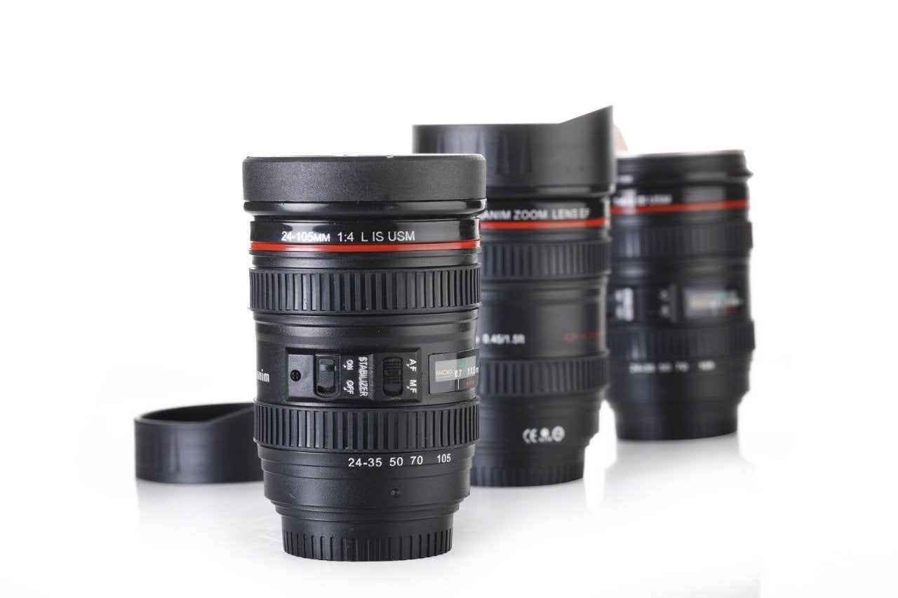 Camera Lens Coffee Mug Flask with Lid – Realistic & Insulated