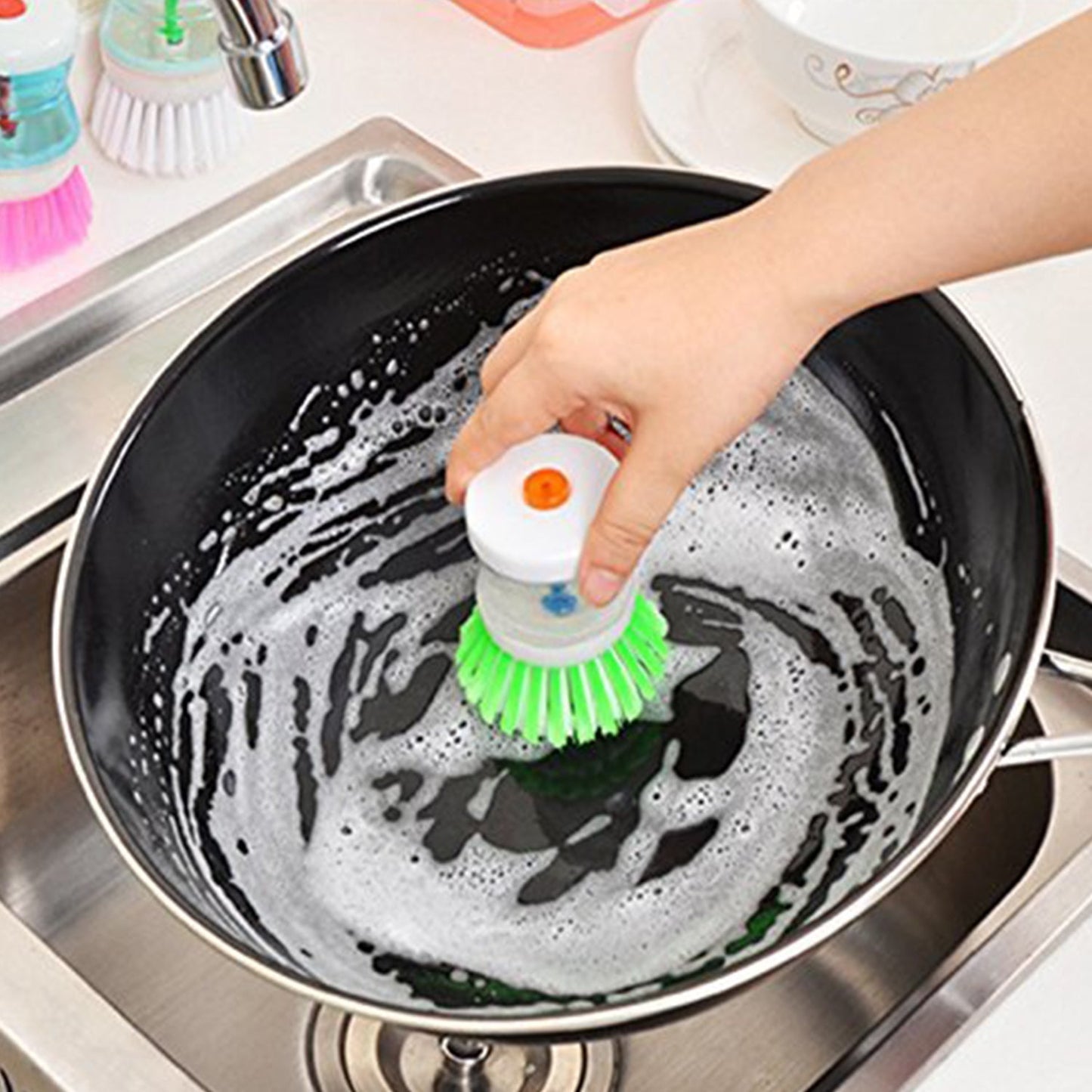 Cleaning Brush with Liquid Soap Dispenser – Scrubber for Dishes, Pans & Pots