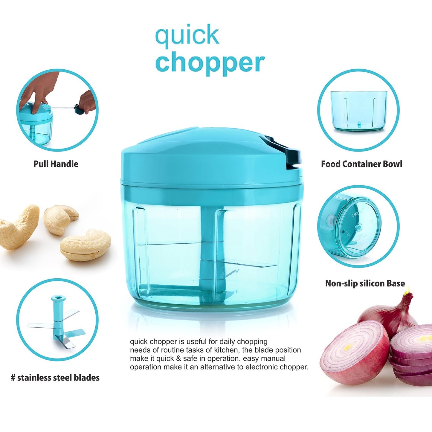 Ganesh Quick Vegetable Chopper, 725ml – Manual, BPA-Free, 1 Unit