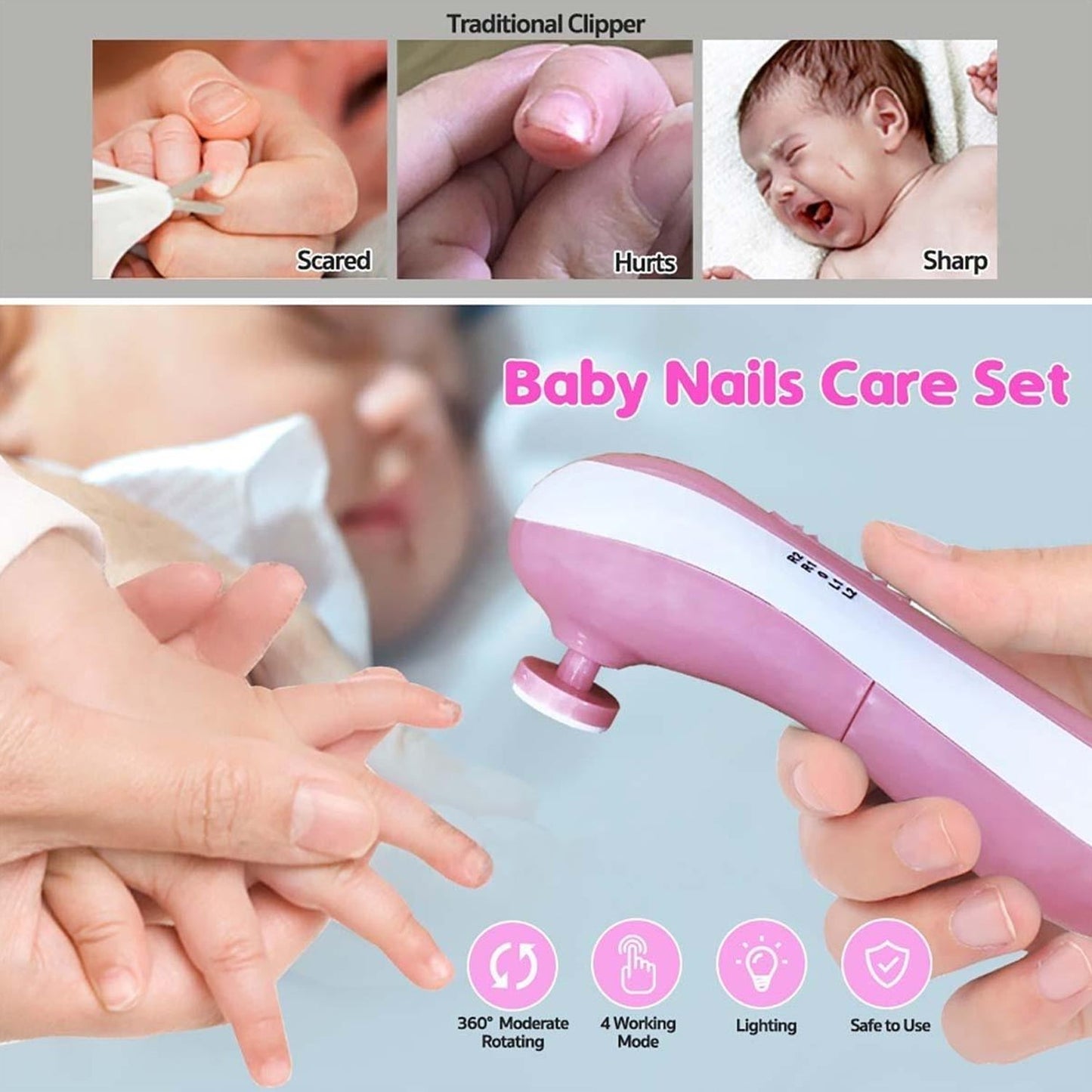 Electric Baby Nail Trimmer with 6 Safe Grinding Heads & LED Light