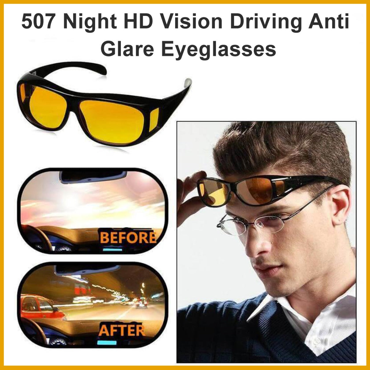 Night HD Vision Driving Anti-Glare Eyeglasses – Yellow Lens with Side Protection