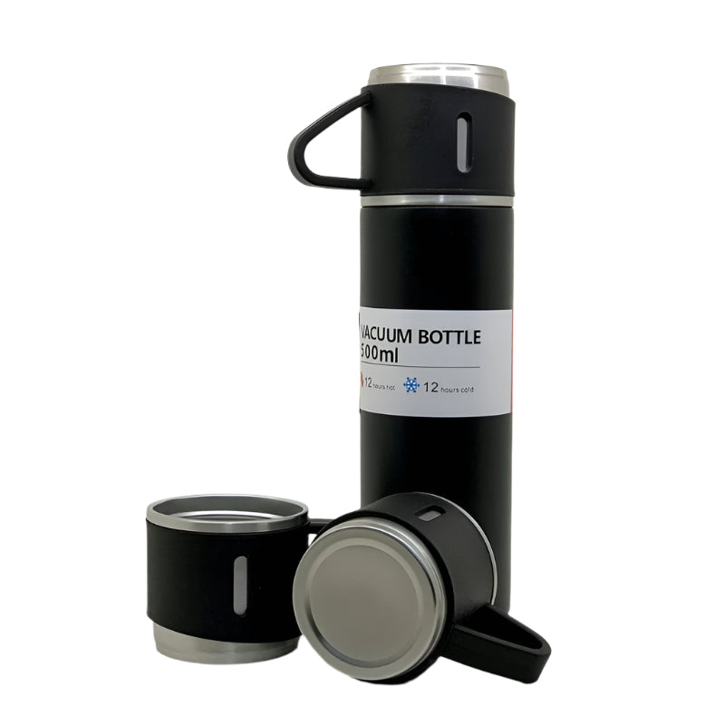 Stainless Steel Vacuum Flask Set with 3 Steel Cups – Travel-Friendly Hot & Cold Thermos Bottle (500ml)