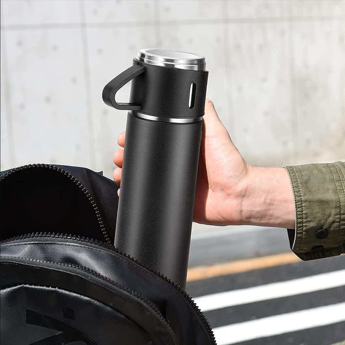 Stainless Steel Vacuum Flask Set with 3 Steel Cups – Travel-Friendly Hot & Cold Thermos Bottle (500ml)