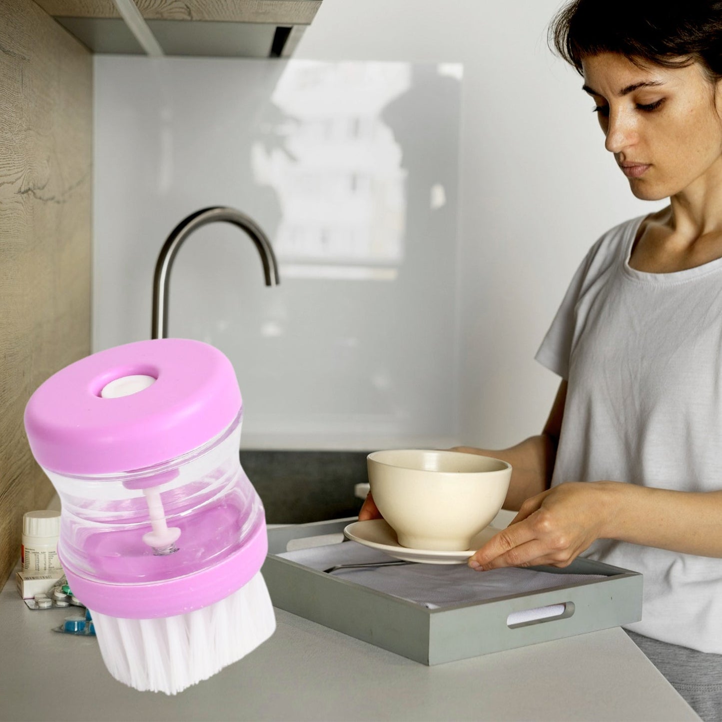 Plastic Dish Brush with Liquid Soap Dispenser – Multicolour Cleaning Tool