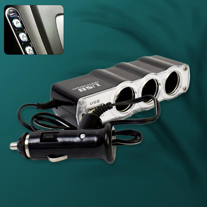 Triple 3-Way Car Socket Splitter + USB Charger Power Adapter