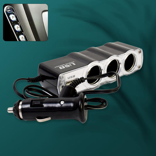 Triple 3-Way Car Socket Splitter + USB Charger Power Adapter