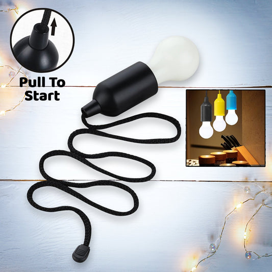 LED Pull Cord Light – Hanging Battery-Operated Bulb (Black, 1 Pc)
