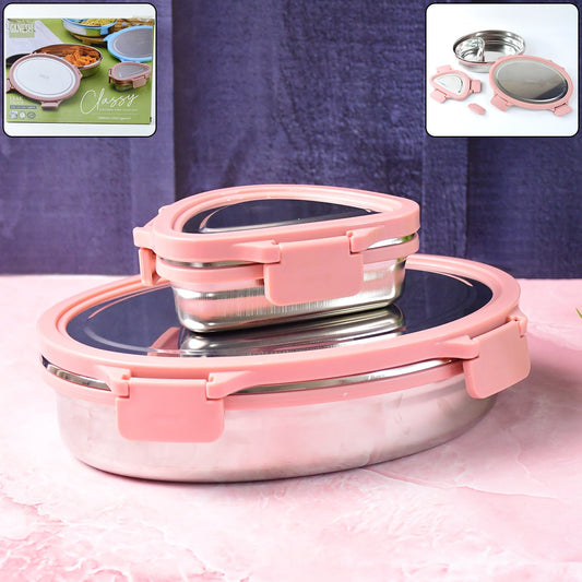 Ganesh Classy 2pc Stainless Steel Lunch Box Set – Oval & Triangle Tiffin