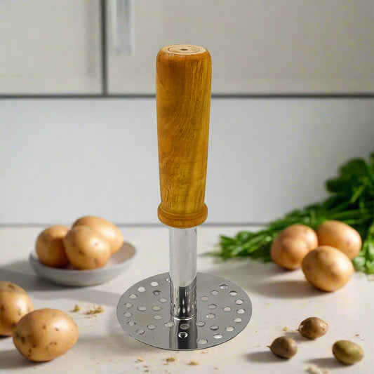 High-Grade Stainless Steel Potato & Vegetable Masher with Wooden Handle – Pav Bhaji Crusher