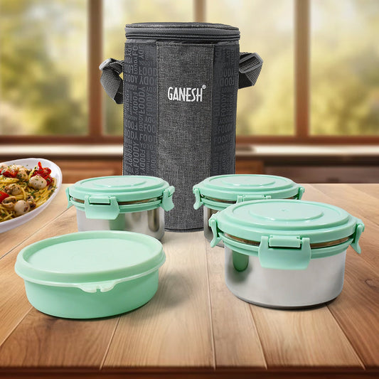 Ganesh 4in1 Lunch Box Set with 3 Steel Containers & Salad Box + Zip Bag