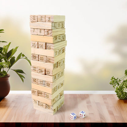 Wooden Tumbling Stacking Tower Game – Tumble Tower Blocks with 48 Wooden Pieces & 2 Dice for Family & Kids