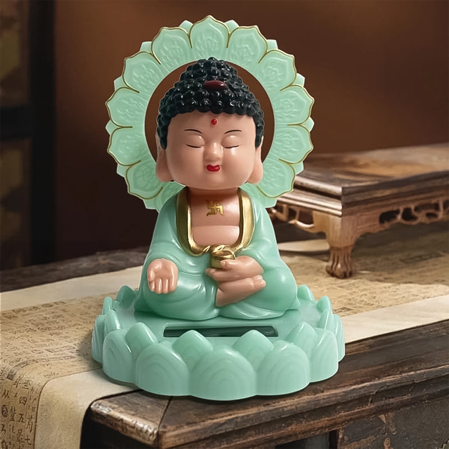 Solar-Powered Moving Head Buddha Statue – Decorative Showpiece for Home & Car (1pc/Random Color)