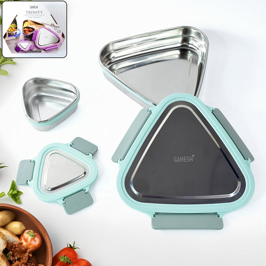 Ganesh Trinity Triangle 2pc Stainless Steel Leakproof Lunch Box Set