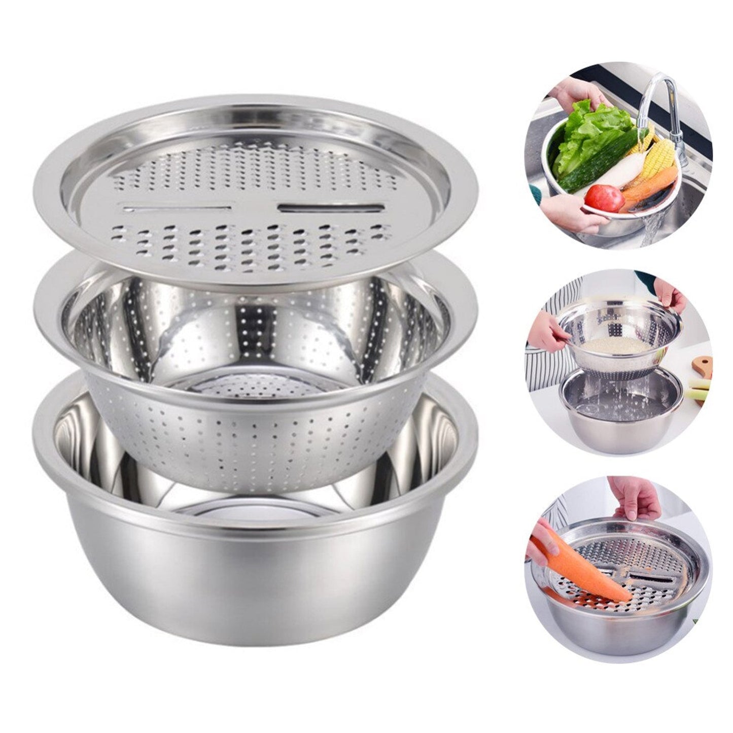 3 in 1 Julienne Grater Set with Bowl, Strainer & Cutter for Kitchen Use