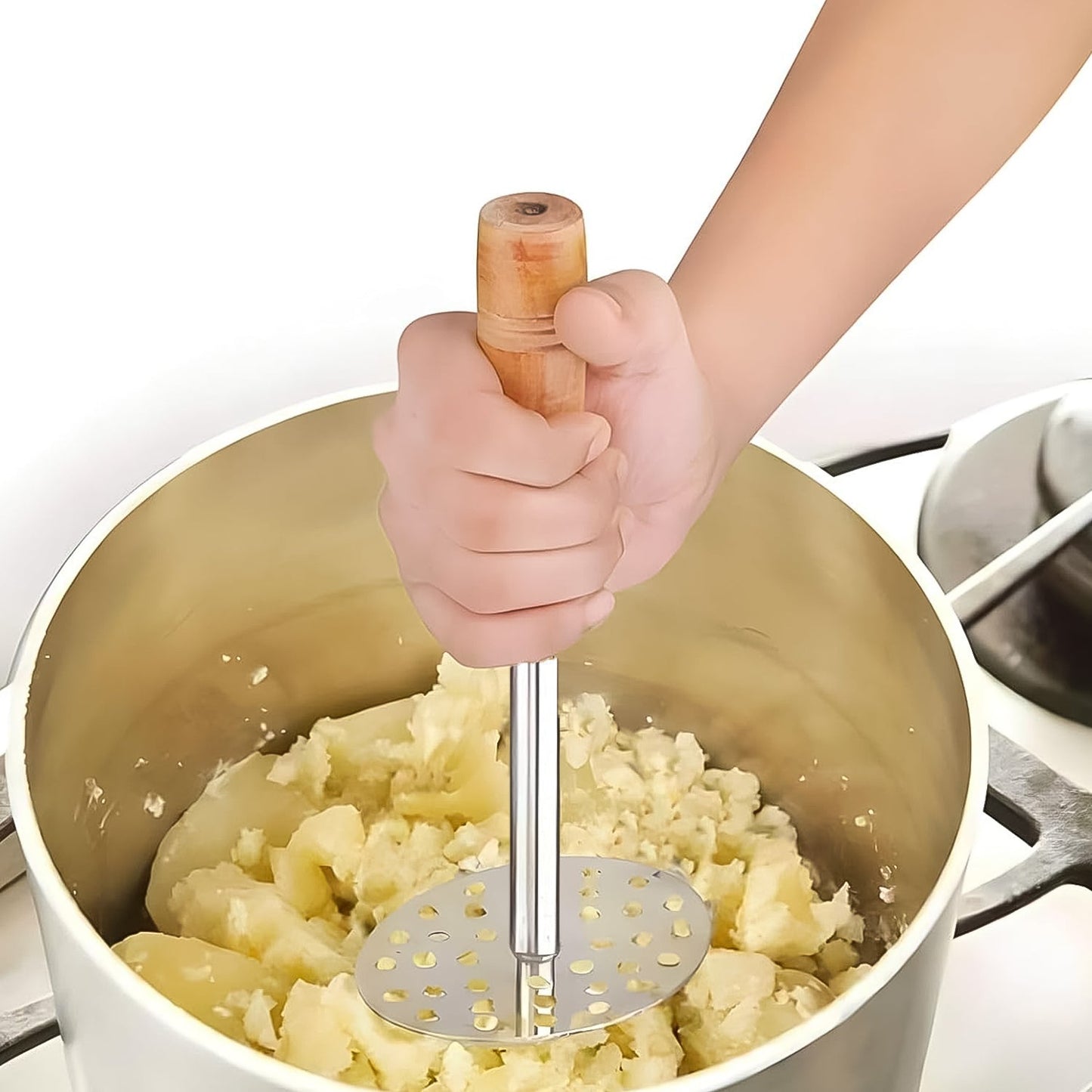 High-Grade Stainless Steel Potato & Vegetable Masher with Wooden Handle – Pav Bhaji Crusher