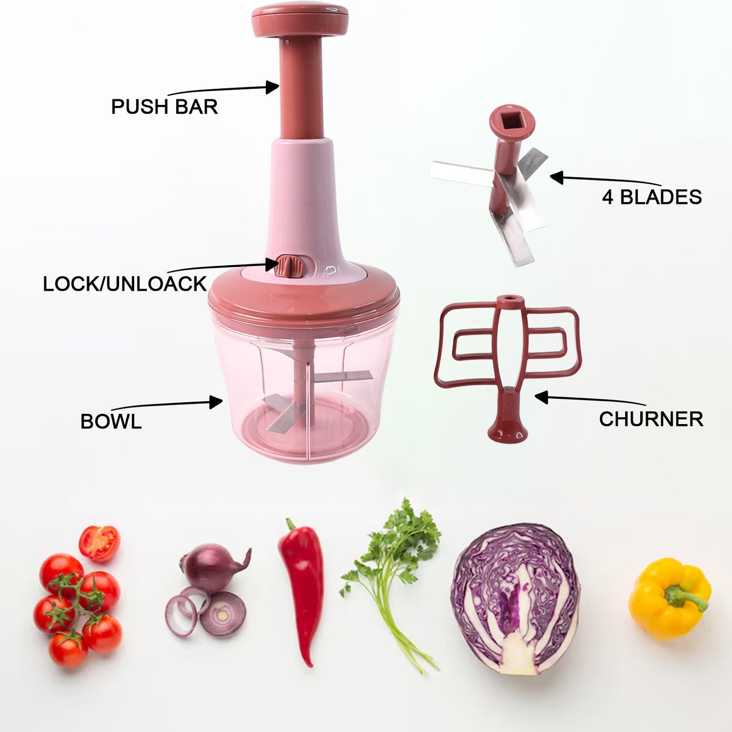 Apex Quba Push Chopper with Stainless Steel Blades & Mixing Attachment – 1000ml