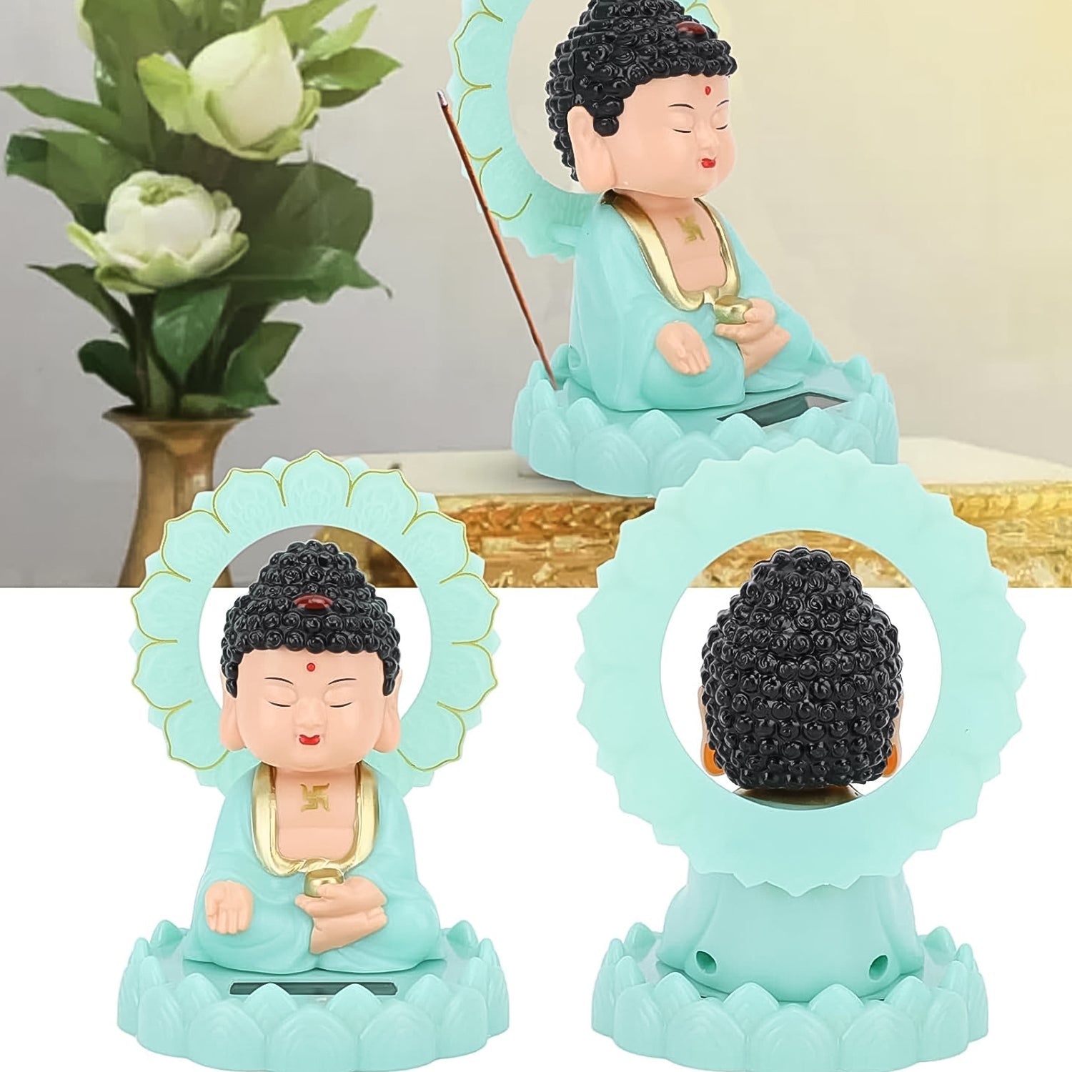 Solar-Powered Moving Head Buddha Statue – Decorative Showpiece for Home & Car (1pc/Random Color)